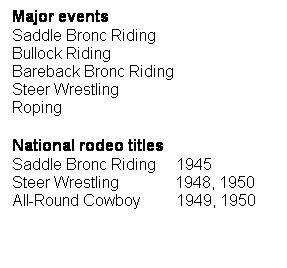 Text Box: Major events
Saddle Bronc Riding
Bullock Riding
Bareback Bronc Riding
Steer Wrestling
Roping 
National rodeo titles
Saddle Bronc Riding     1945
Steer Wrestling              1948, 1950
All-Round Cowboy         1949, 1950
 
